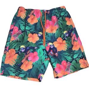 Naruto Men’s 7” Swim Shorts - Size Medium - Elastic Waist, 3 Pockets, Multicolor